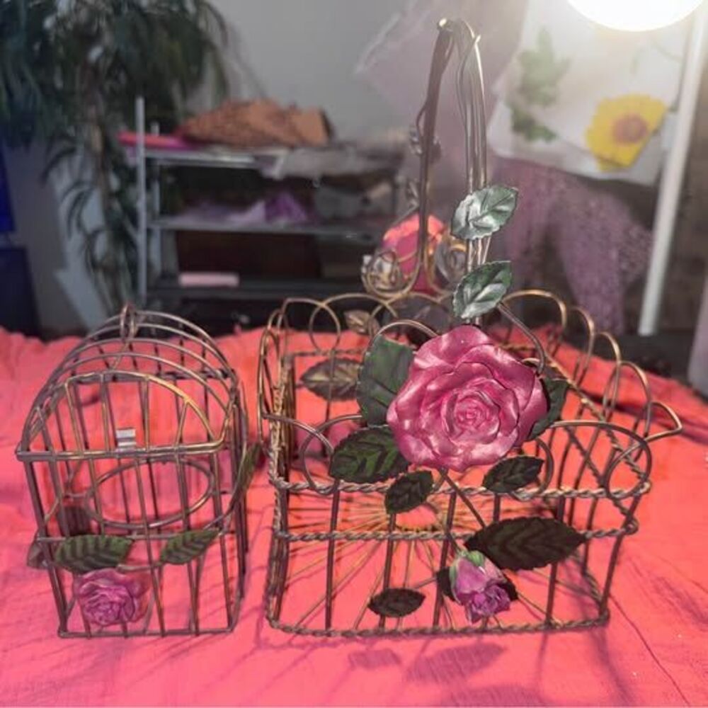 Vintage Metal Floral Hanging Basket Set of 2 Bronze Pink Green Accents